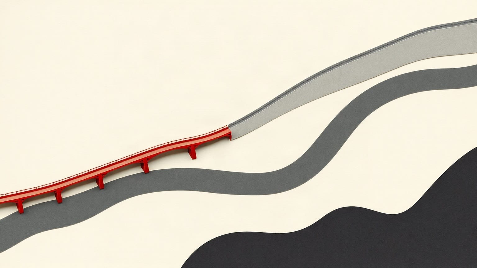 Cut-paper illustration: a folded map of a wide river bend crossed by three bridges.