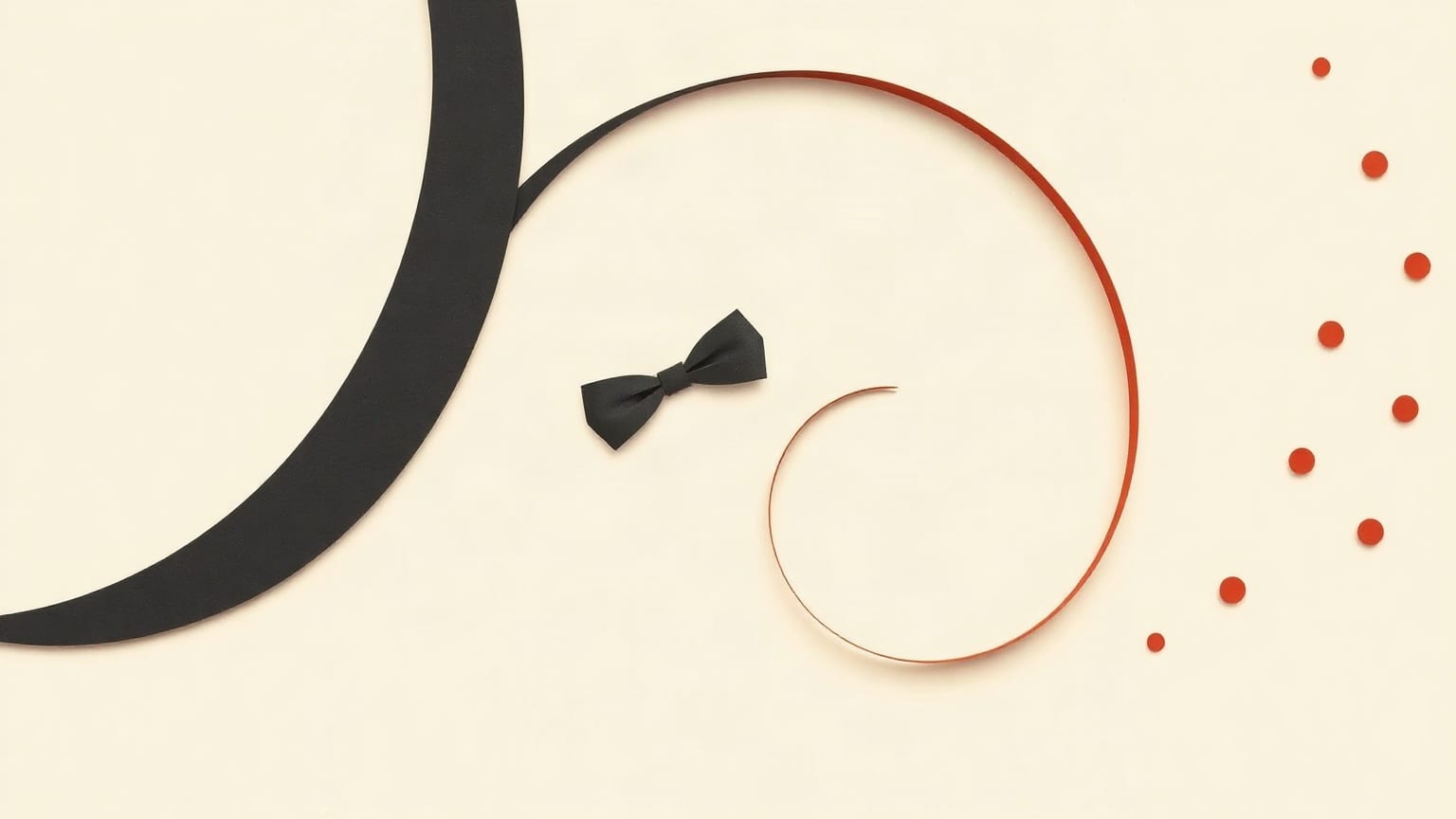 A charcoal paper arc turning in a wide spiral with a red bow shape laid across it and small red circles trailing away