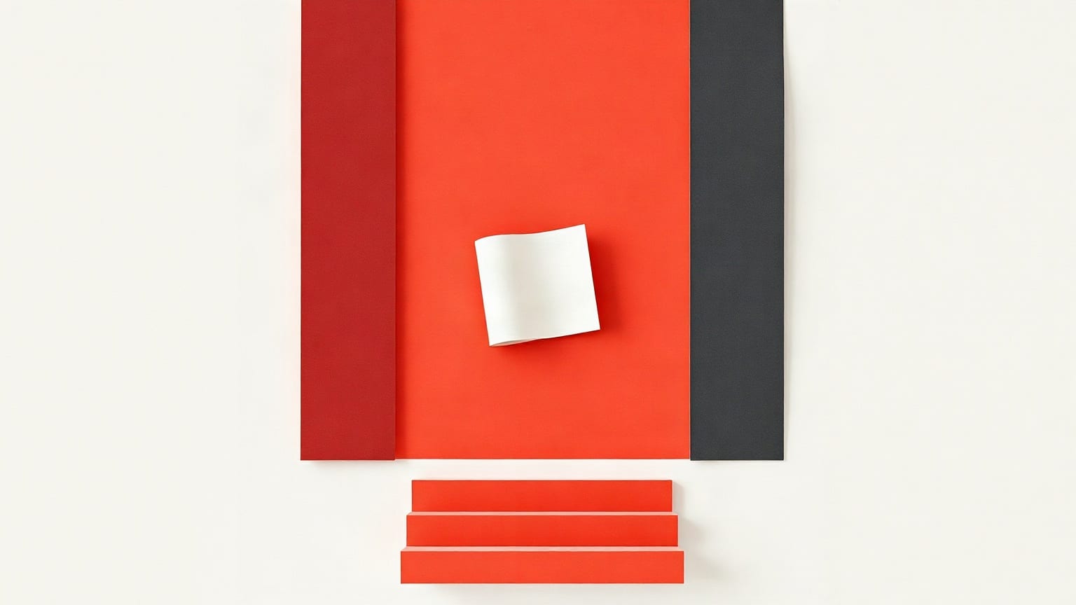 Two paper columns flanking a red panel, a small folded white sheet floating between them, low steps beneath