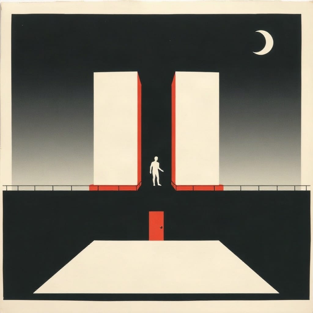 Two tall cream slab towers edged in red against a black night sky with a crescent moon, a small pale figure standing in the gap between them and a red door in the dark terrace below