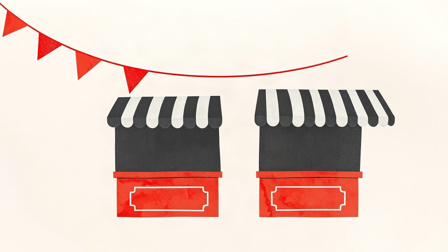 A red paper bunting line strung across a warm off-white ground above two charcoal market stall shapes