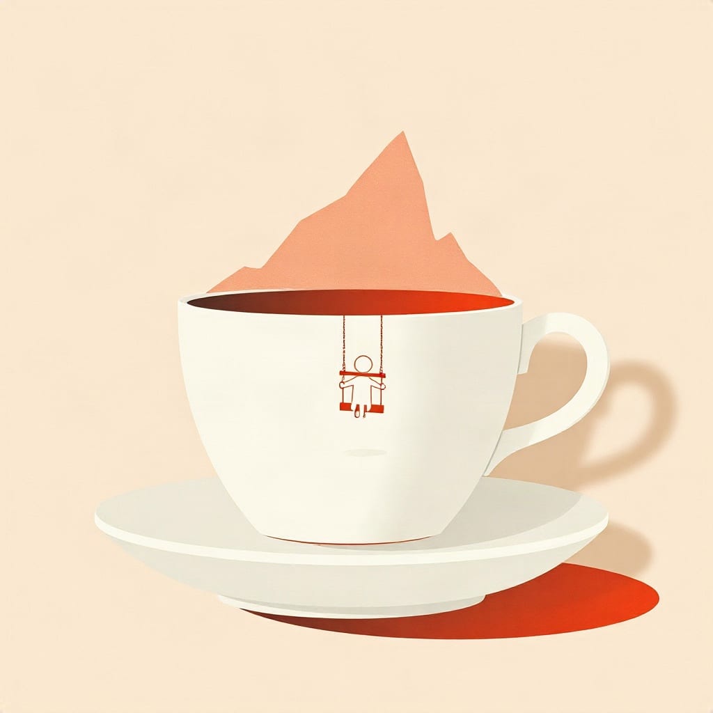 A cut-paper teacup the size of a room with a tiny paper figure on a swing hung from its handle, on a dusk blue ground
