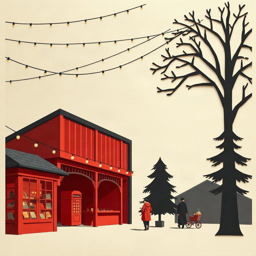 A cut-paper market hall with a glass roof under strings of small paper lights, a tall paper fir tree at its side, on a midnight blue ground