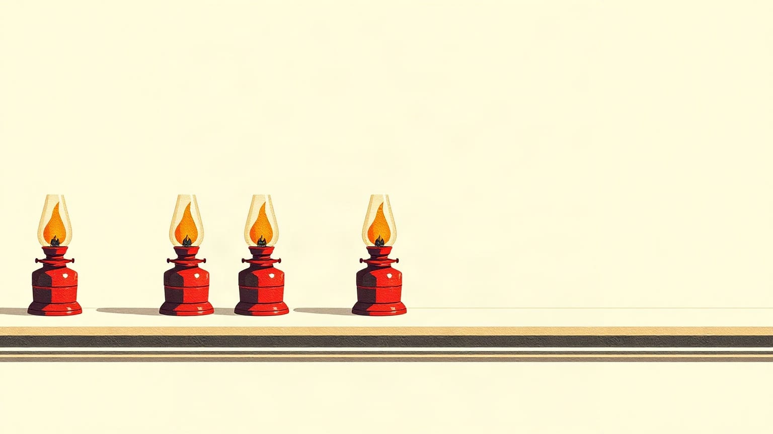 Four small red oil lamps burning in a row on a warm off-white ground