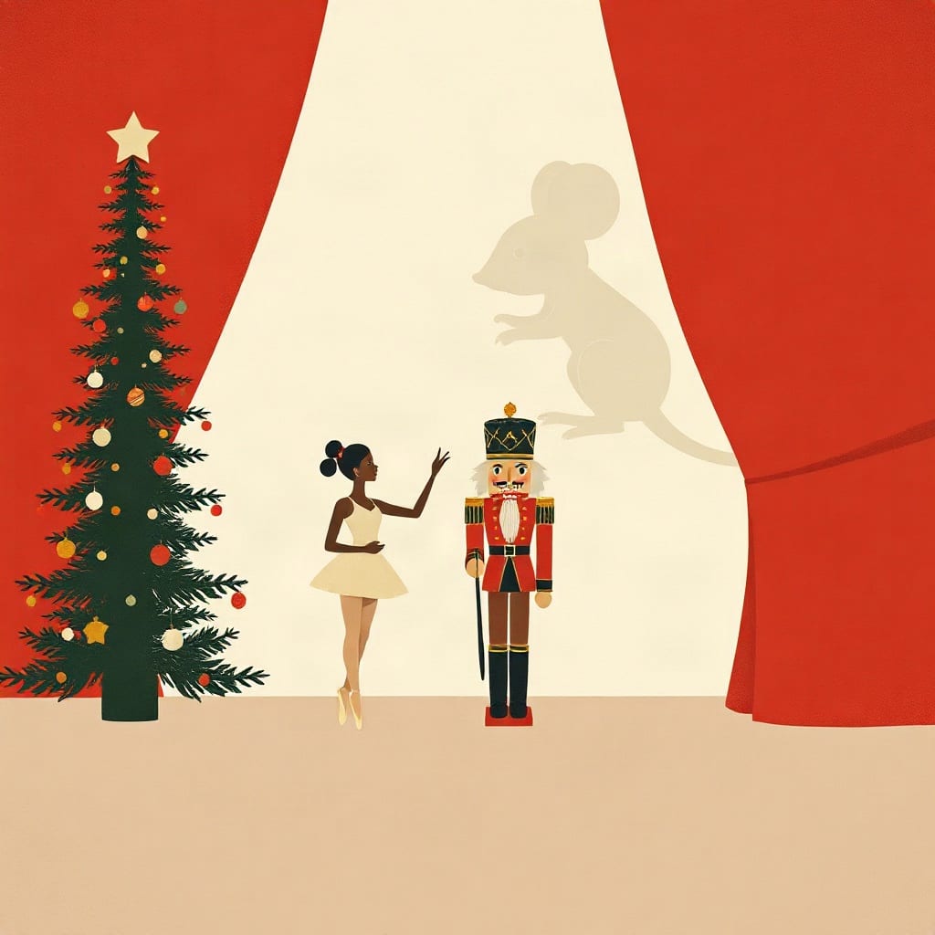 A ballerina in a white tutu and a wooden nutcracker soldier facing each other on a stage under a tall Christmas tree, a giant mouse shadow on the curtain