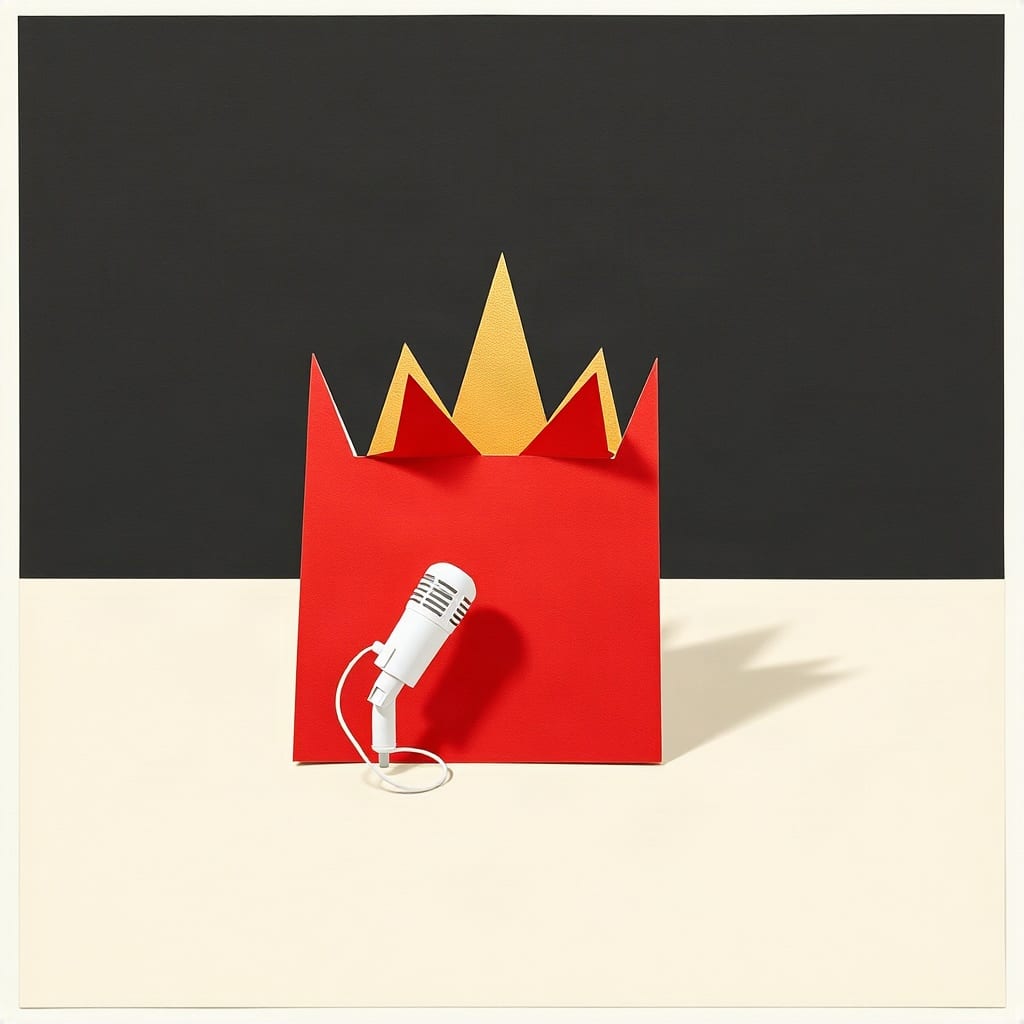 A red paper crown with gold and red points standing on a cream ground against a black wall, a small white microphone on a cable leaning against it