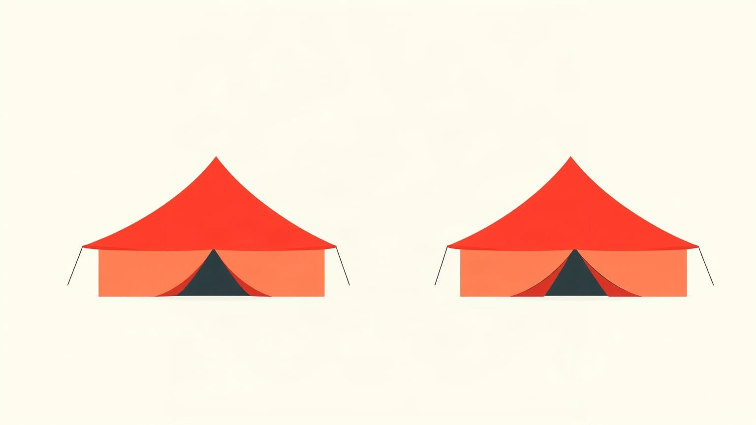 Two red fair tents standing side by side on an open cream ground