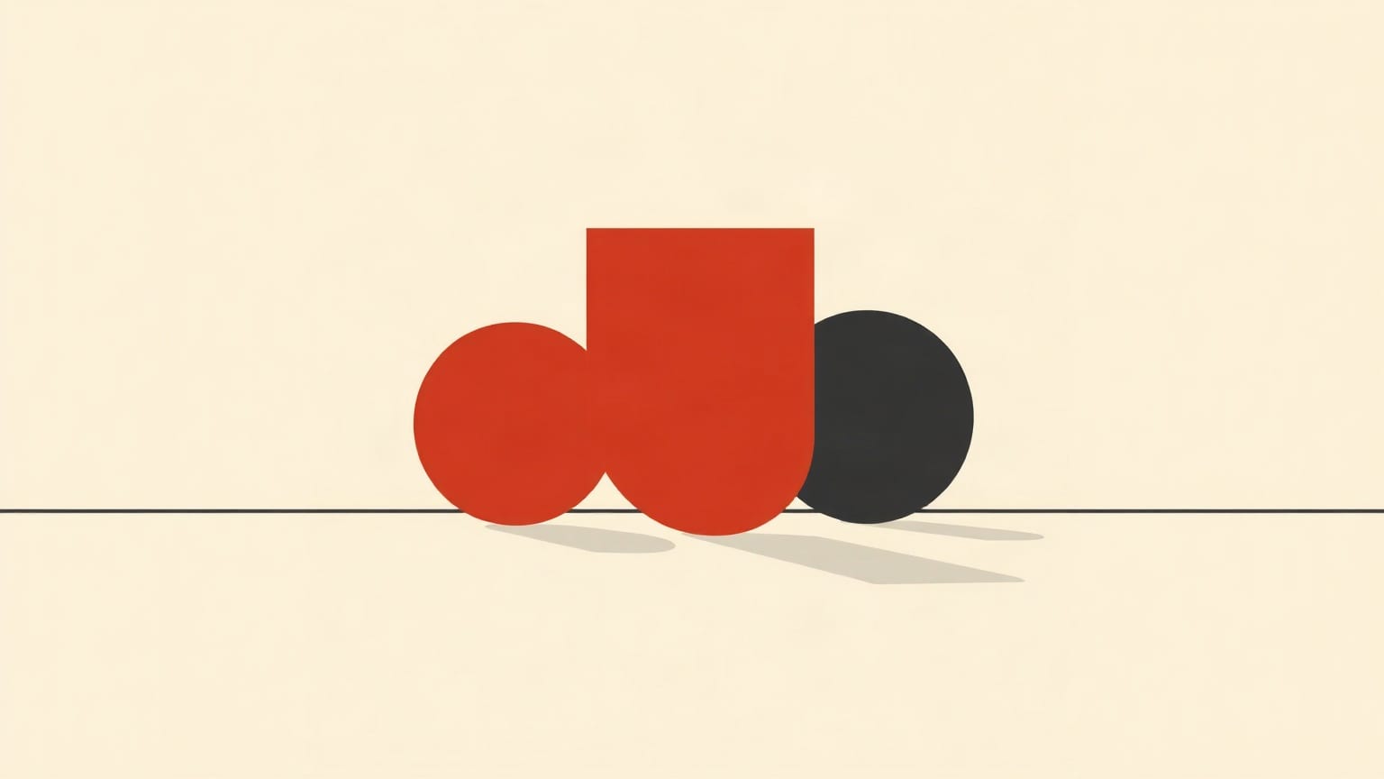 Three large abstract solids — a red circle, a red block and a charcoal circle — standing together on an open cream ground