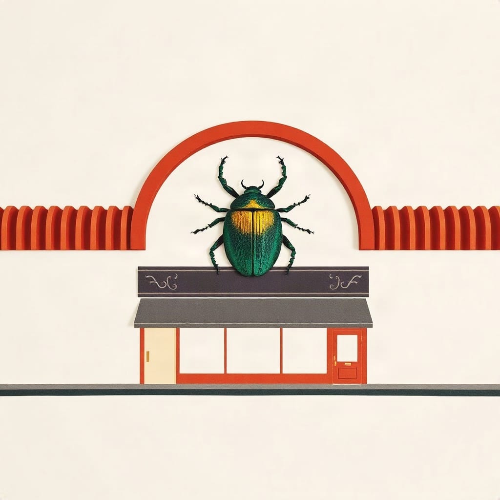 A large green and gold beetle beneath a red paper arch, sitting on top of a small shopfront with a grey awning, on a cream ground