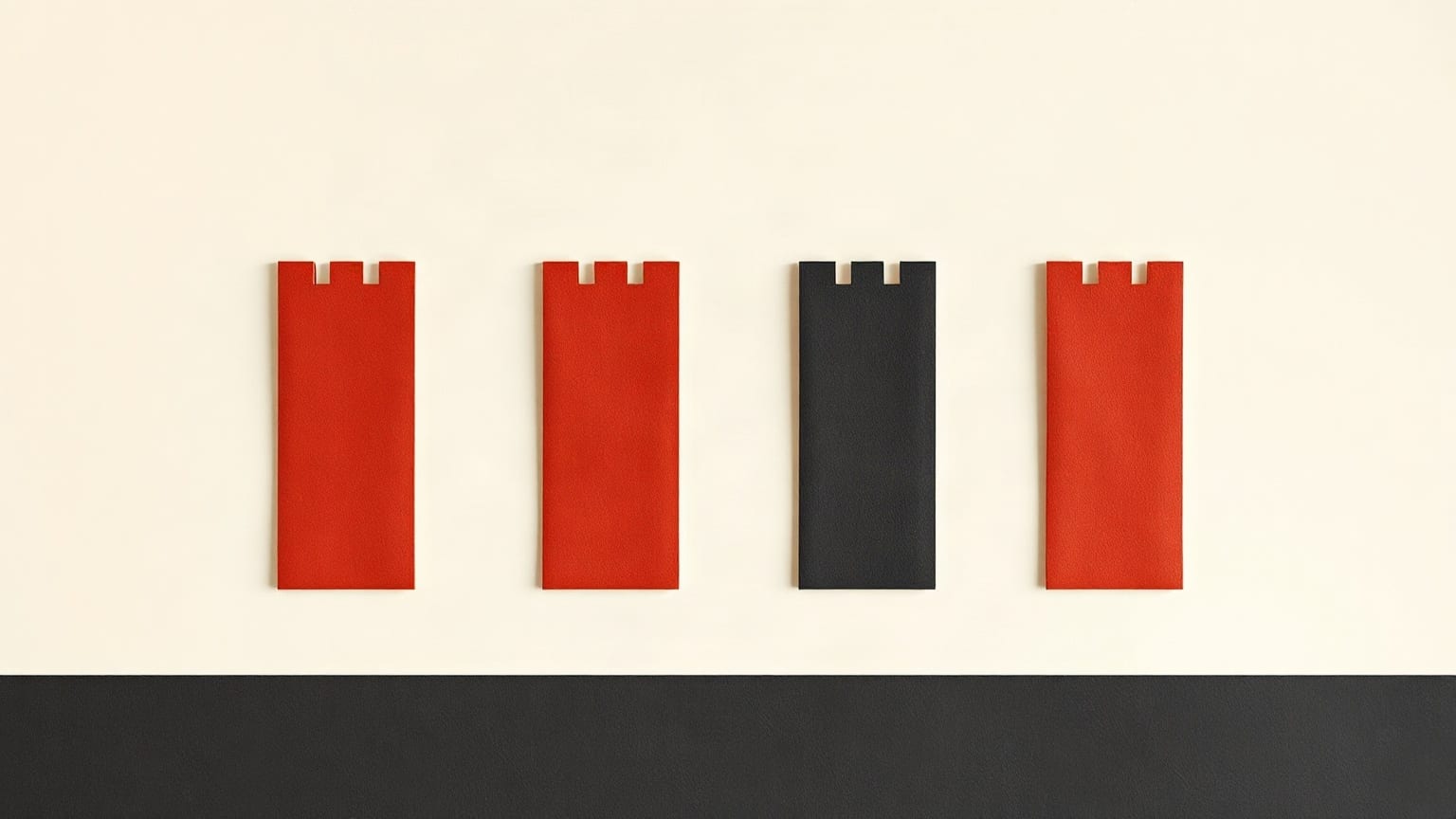 Four crenellated tower shapes standing in a row, three red and one charcoal, above a dark band