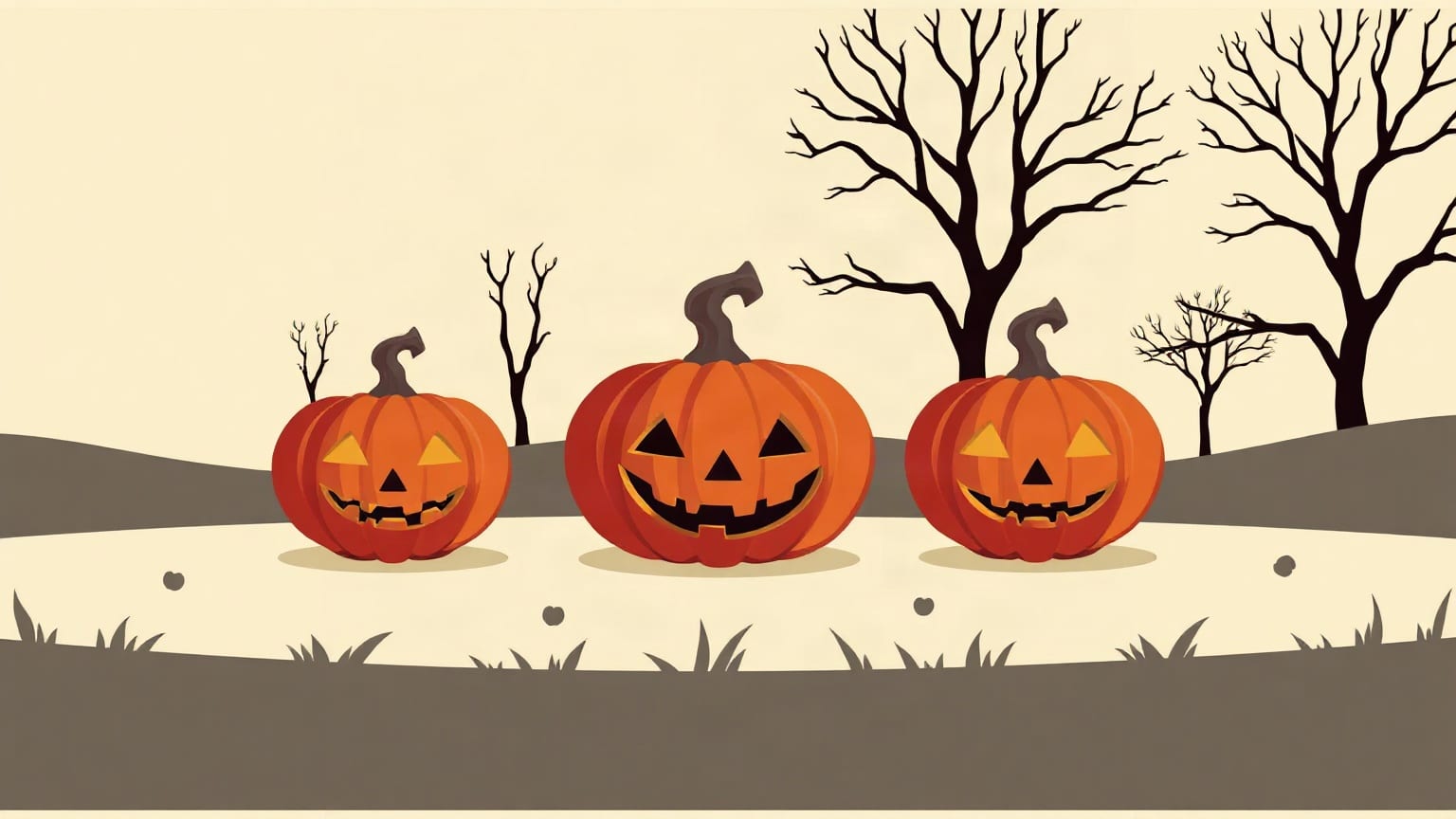 Three carved pumpkins of different sizes standing on open ground, with bare trees behind them