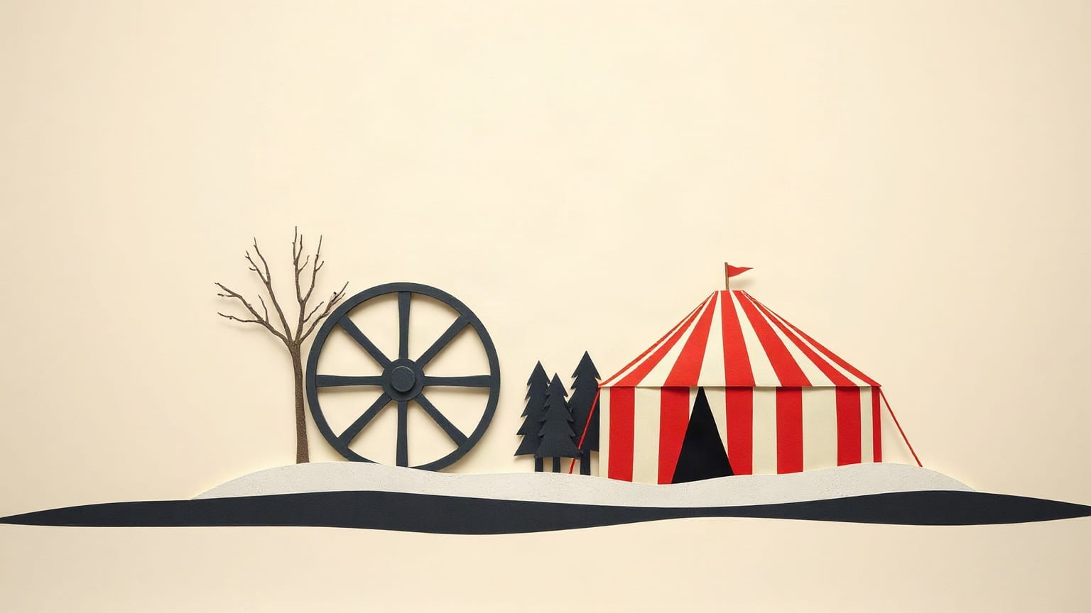 A dark cut-paper big wheel and a red-and-white striped tent standing on a white band of snow, a bare tree and two small firs between them, on a warm off-white ground