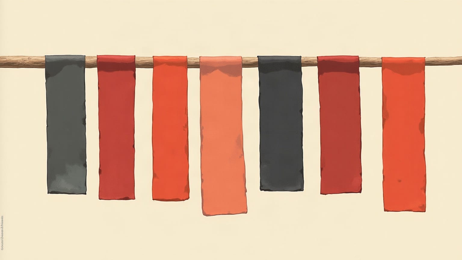 Seven narrow paper banners in red and charcoal hanging from a rod against a pale ground
