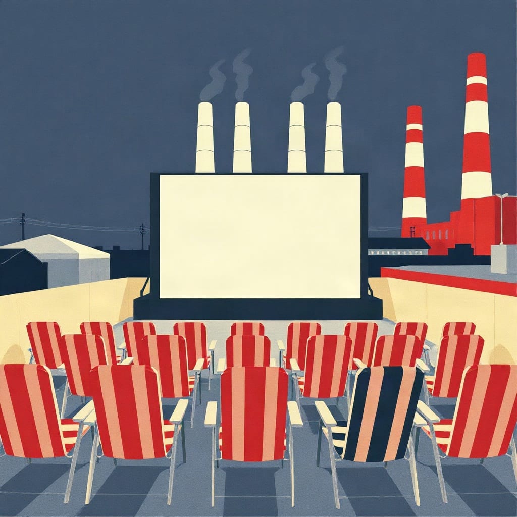 Rows of red-and-white striped deckchairs on a rooftop facing a blank outdoor cinema screen, four white power-station chimneys behind