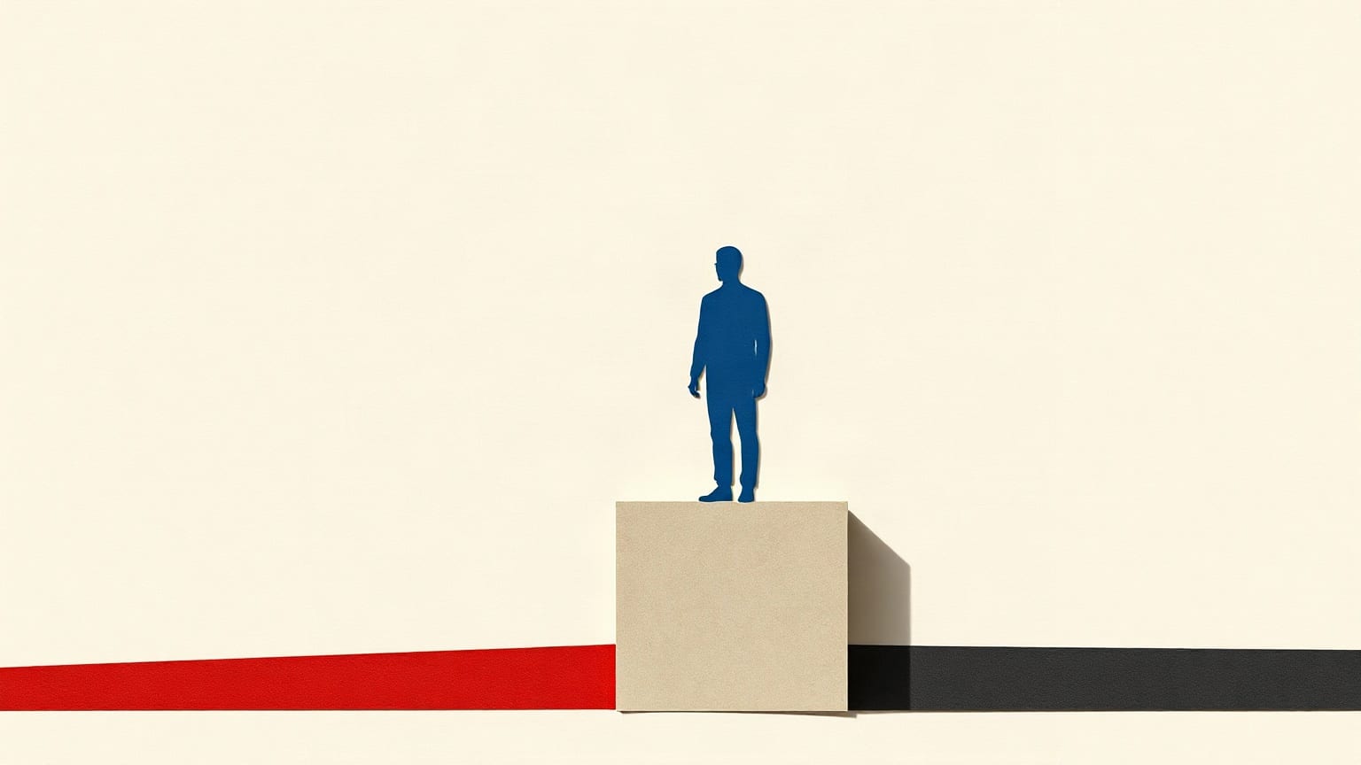 A small blue paper figure standing on a pale stone-coloured block above a red band