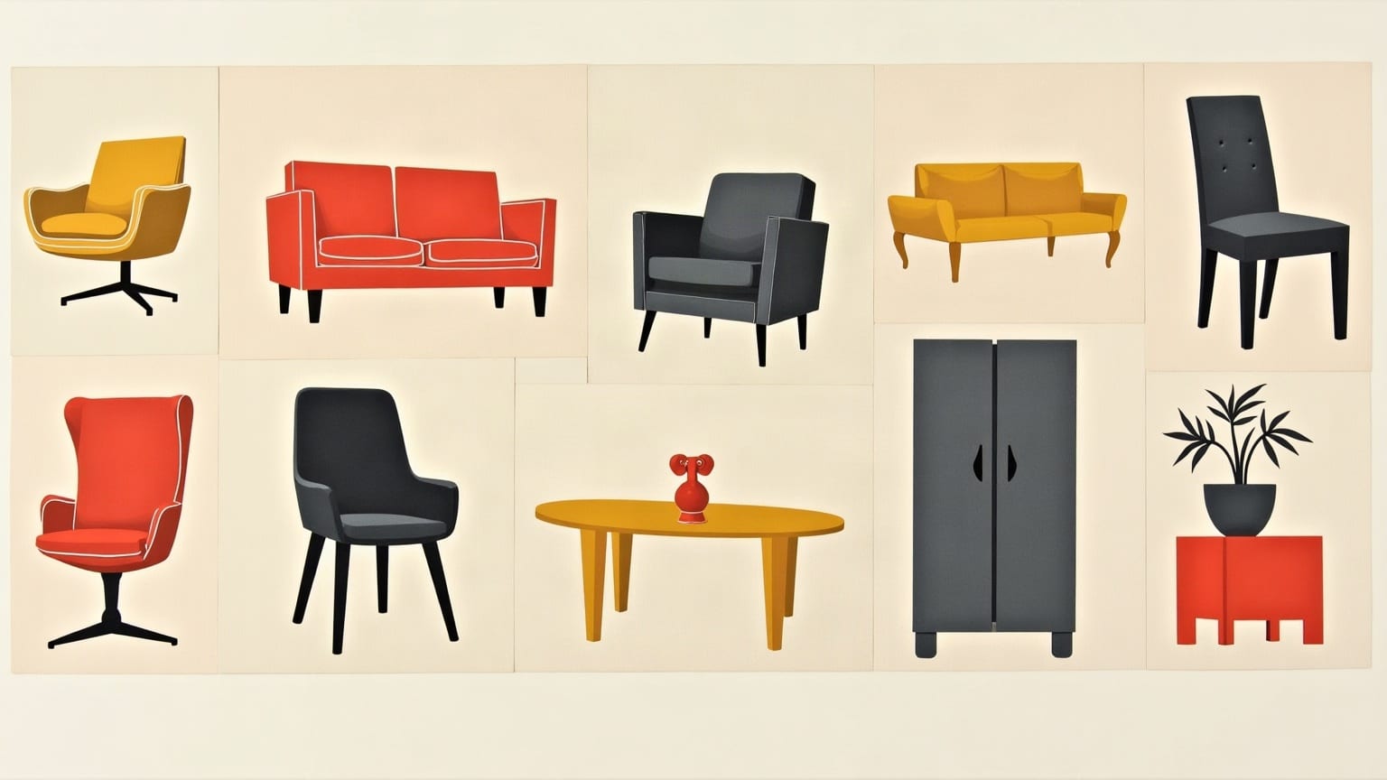 A grid of paper furniture silhouettes in red and charcoal