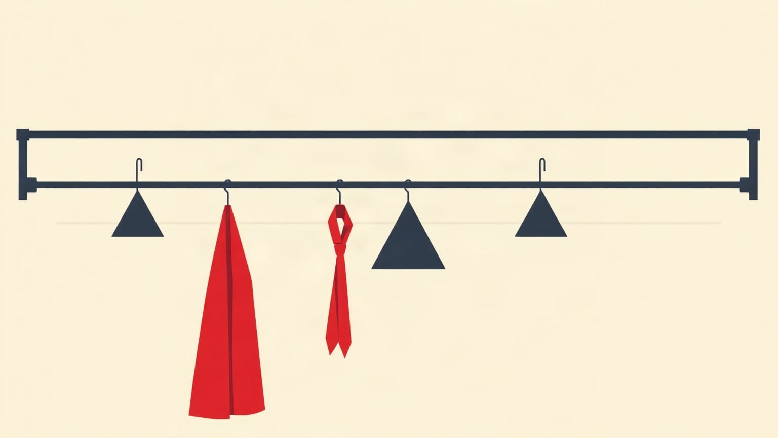 A long charcoal rail across a cream ground with five garments hanging from it, two of them red