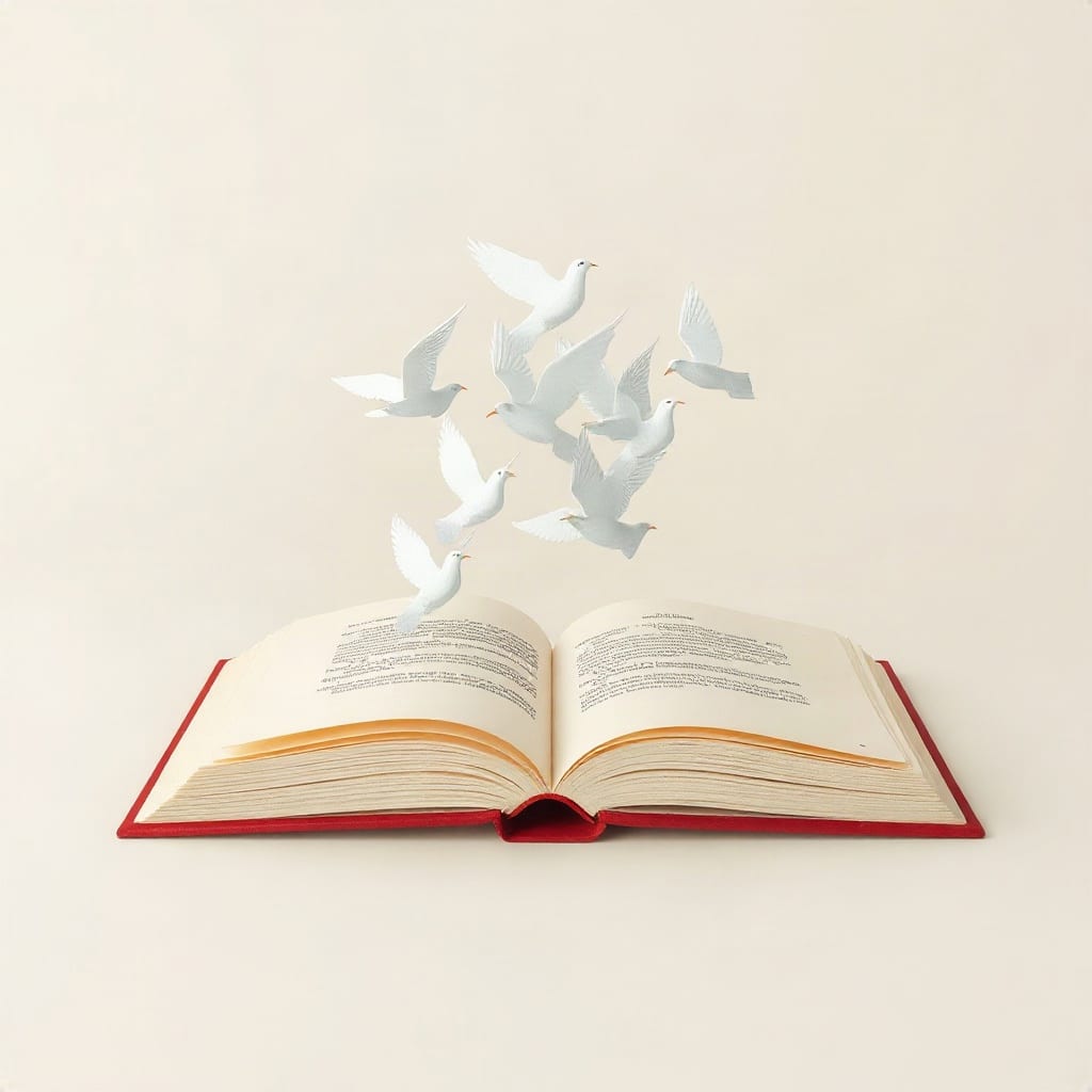 An open cut-paper book on a warm grey ground, its pages lifting into a small flock of white paper birds