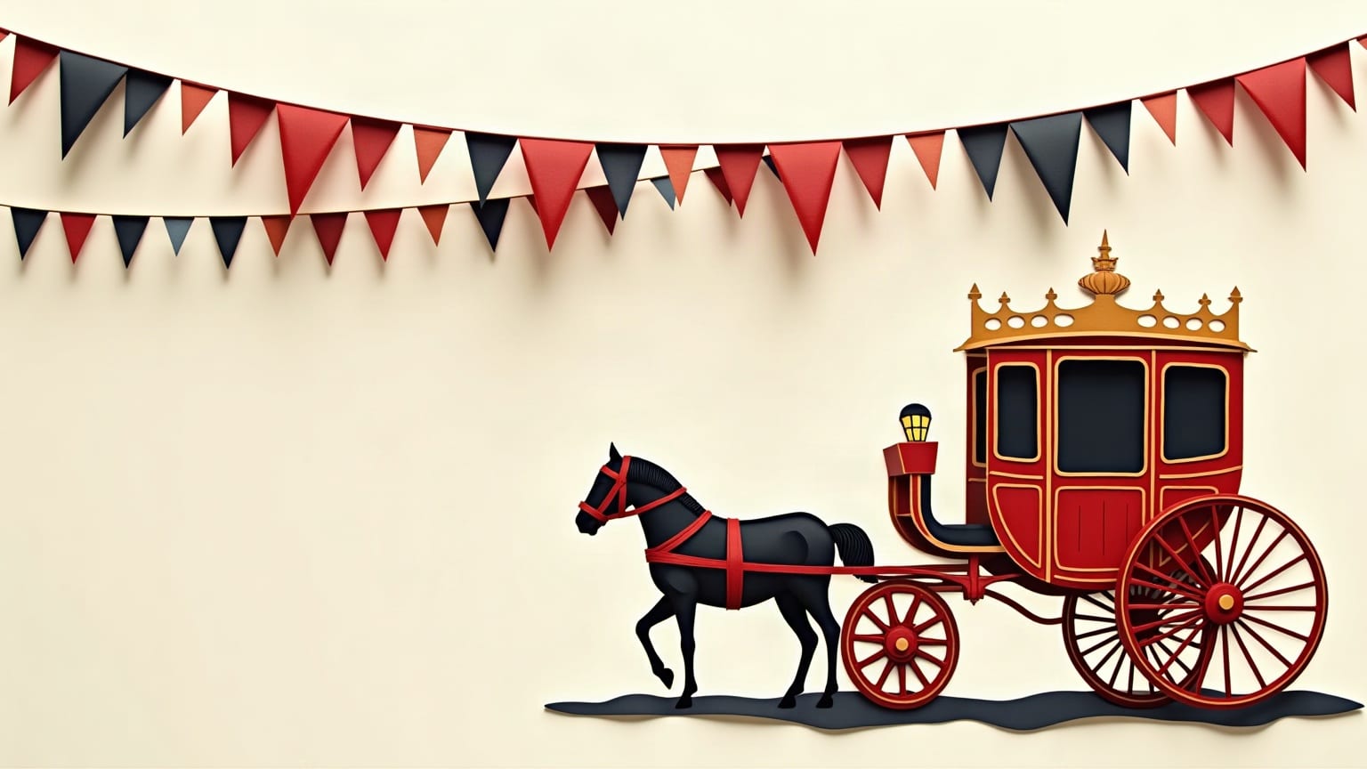 A red paper ceremonial coach under a line of bunting