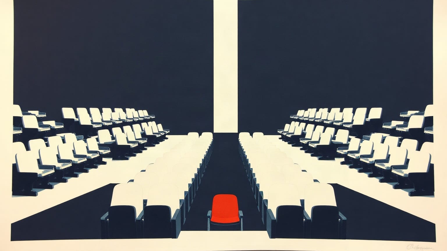 A long charcoal paper strip laid across a warm off-white ground with small red paper figures spaced along it