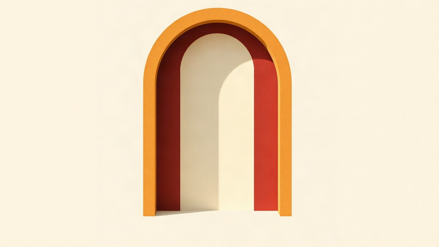 A tall paper archway in red, orange and deep red opening onto a pale cream interior