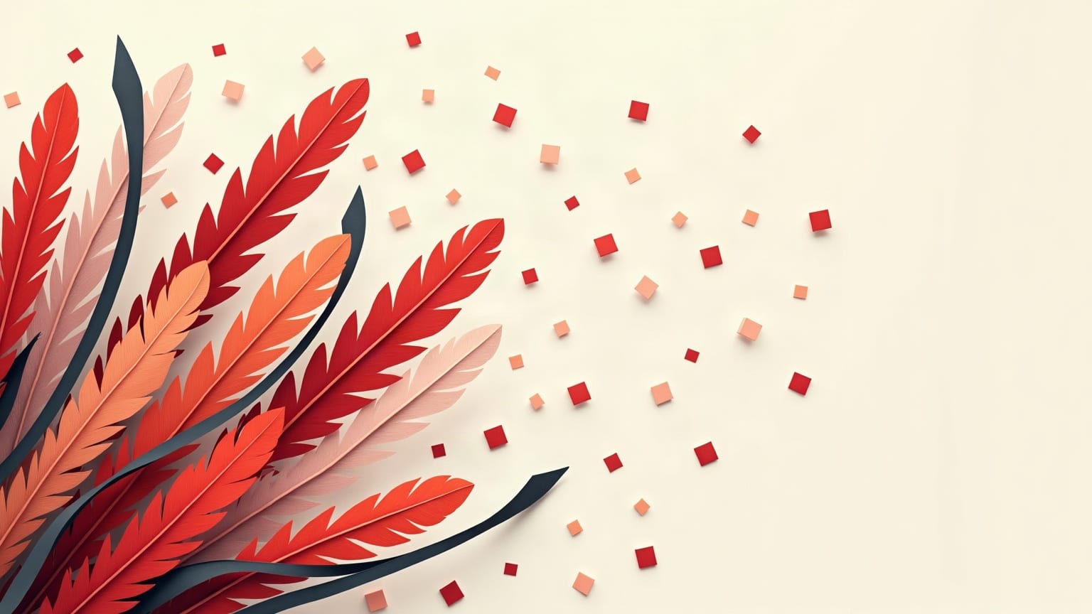 A tall red paper feather plume above scattered confetti