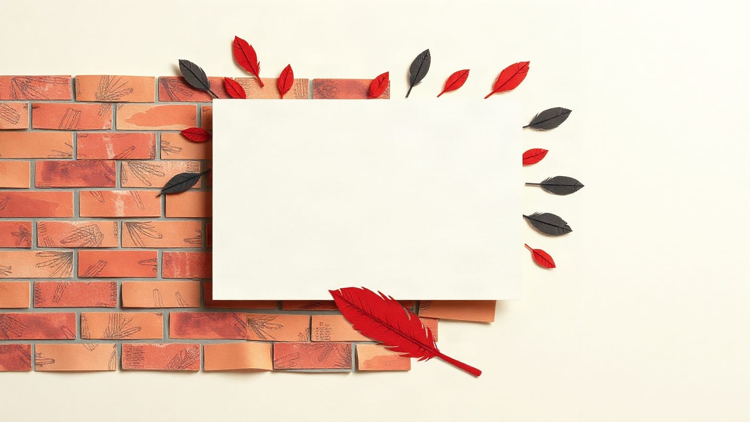 A blank plaque on a brick wall with feathers and ribbons fanning out behind it