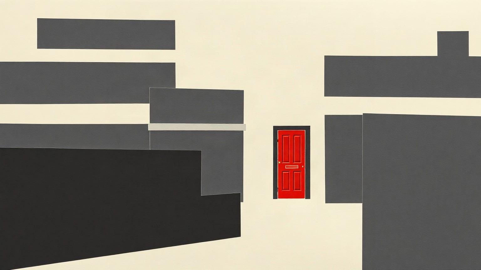 Layered paper building facades with one small red door standing open