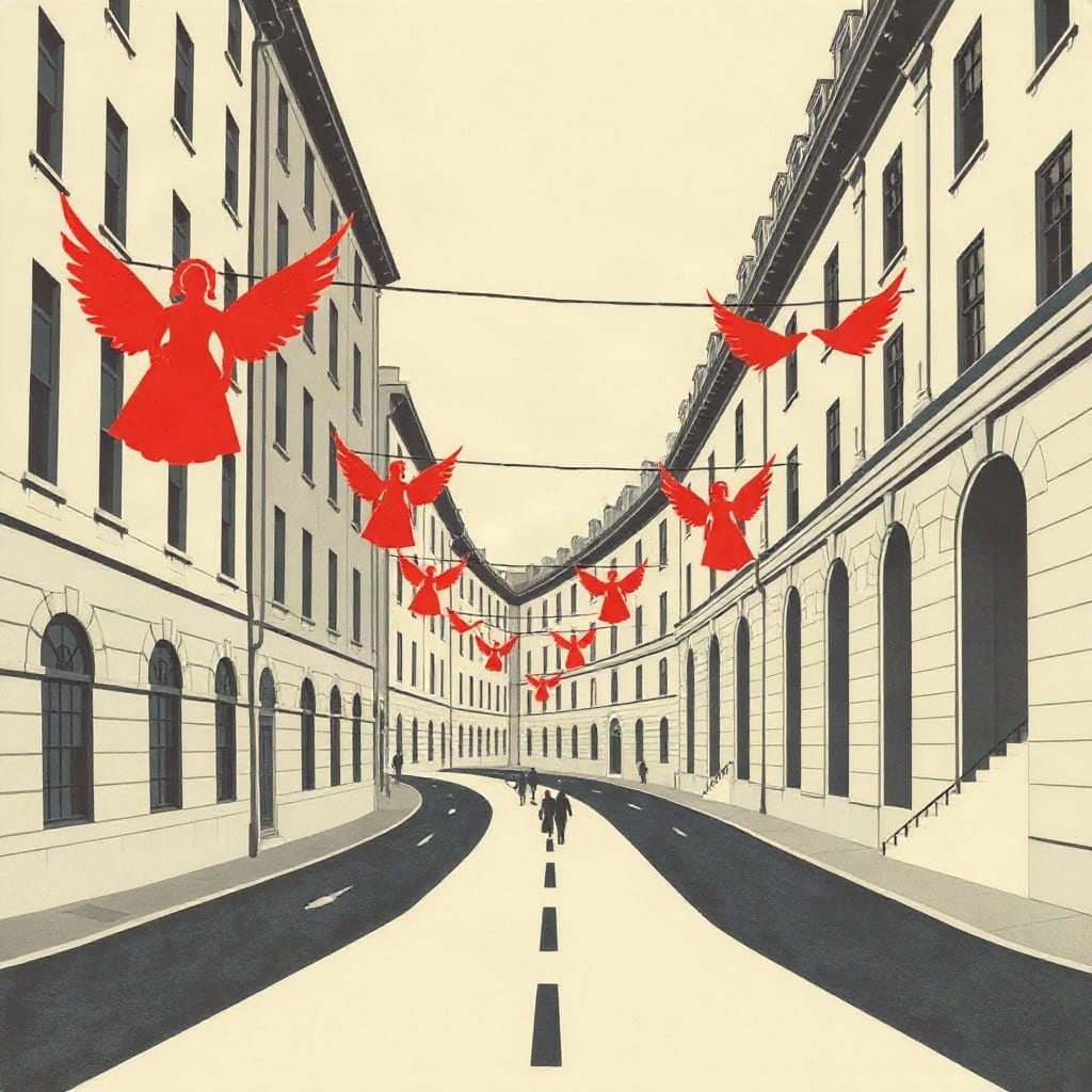 Red angels with outstretched wings hung across a curving street of cream stone buildings