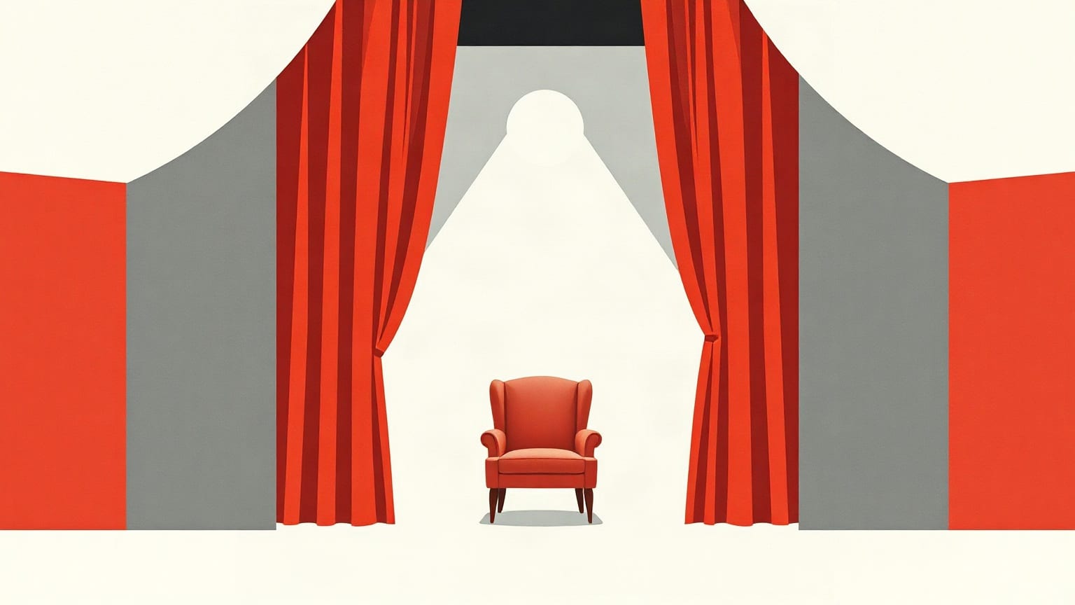 An empty red armchair standing centre stage between open red curtains