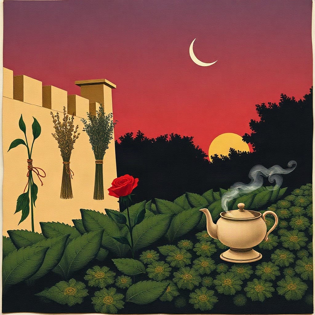 Paper-cut walled garden at dusk, a crescent moon and a setting sun over dark trees, bundles of dried herbs tied with string on the wall, a single red rose and a steaming teapot among the leaves