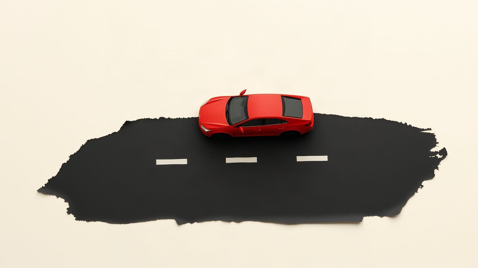 A small red car standing on a torn strip of charcoal paper laid across a warm off-white ground, three short cream dashes marking a lane down the middle of it