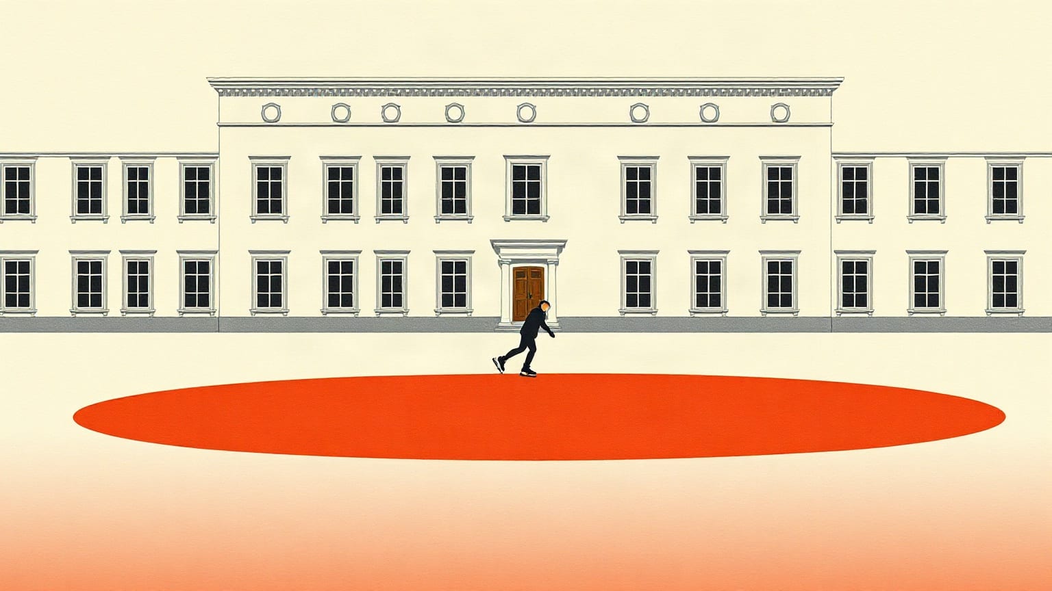 A wide orange-red oval rink in front of a flat cream neoclassical facade, one small dark figure crossing it, on a warm off-white ground