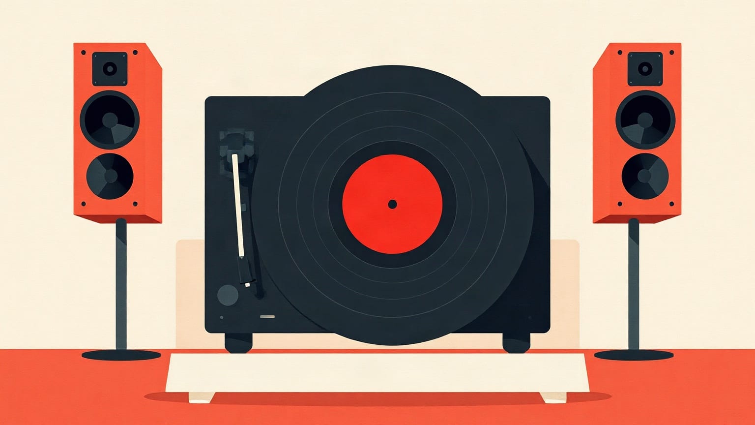 A black turntable with a red-labelled record between two red speakers on stands, on a cream ground