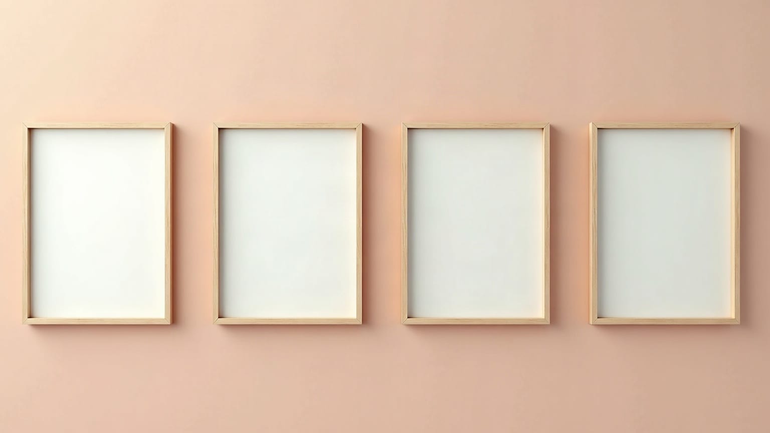 Four empty picture frames hung in an even row on a plain wall