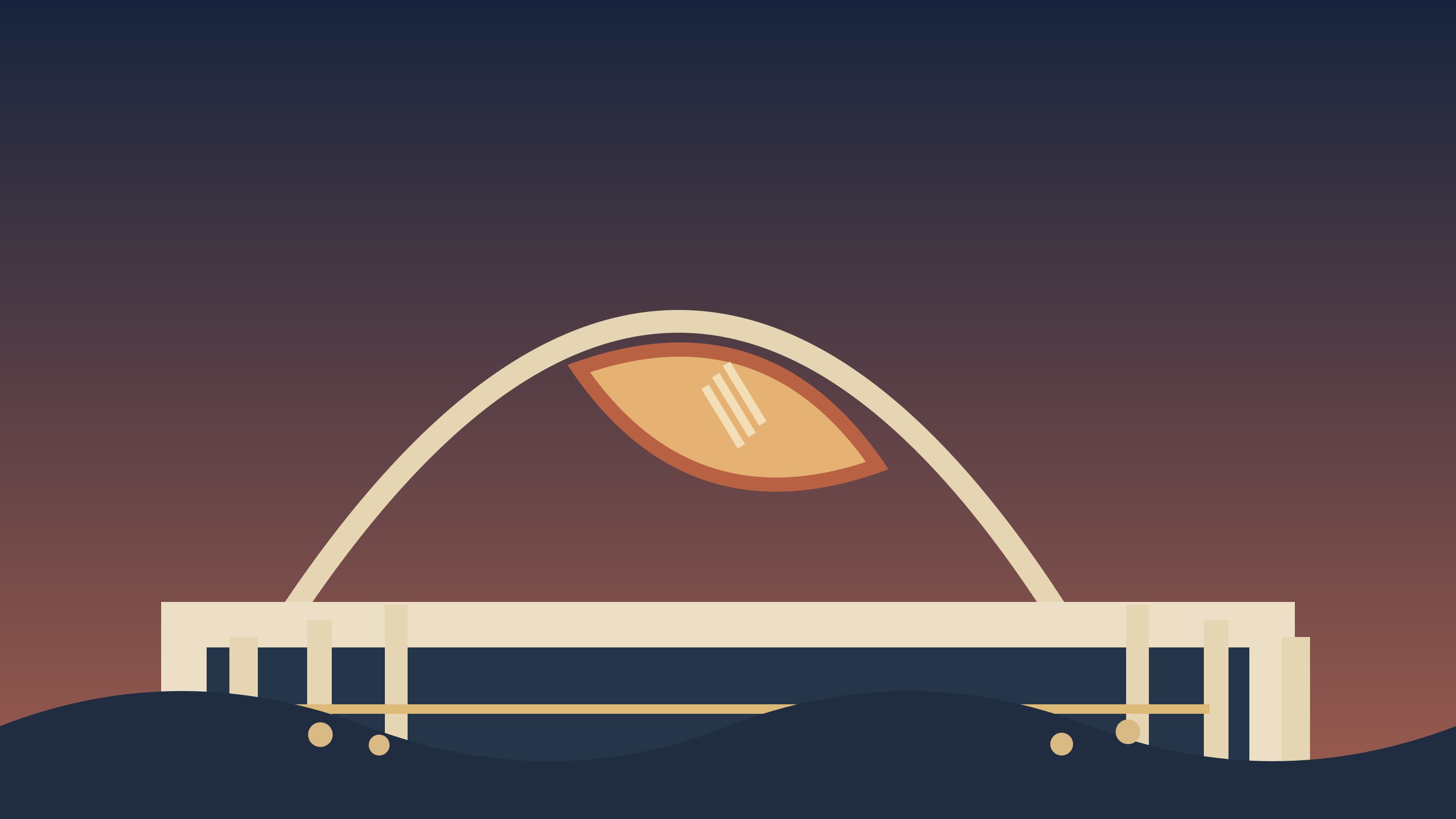 Illustration of an American football with Wembley Stadium's twin towers rising under evening lights