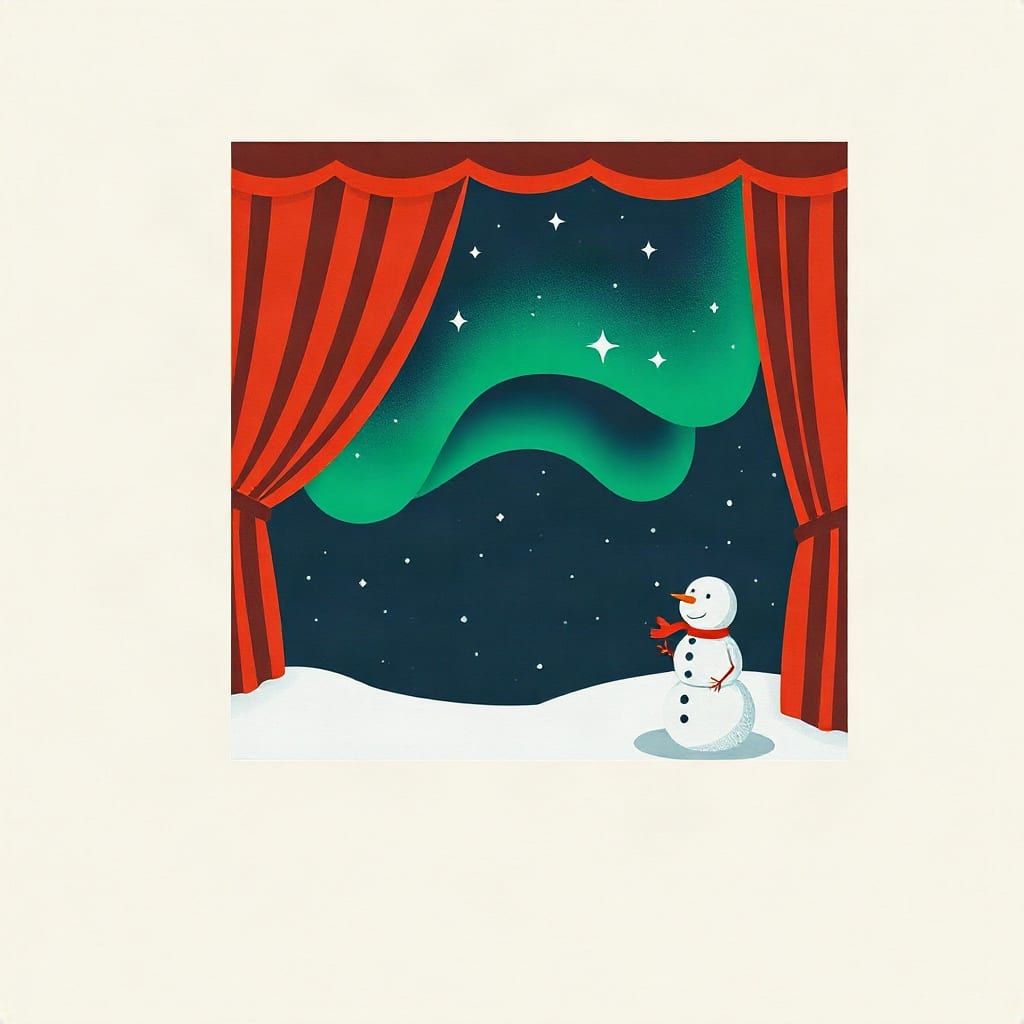 A theatre stage with its red curtain drawn back on a snowy night, a snowman standing in the snow under stars and green northern lights