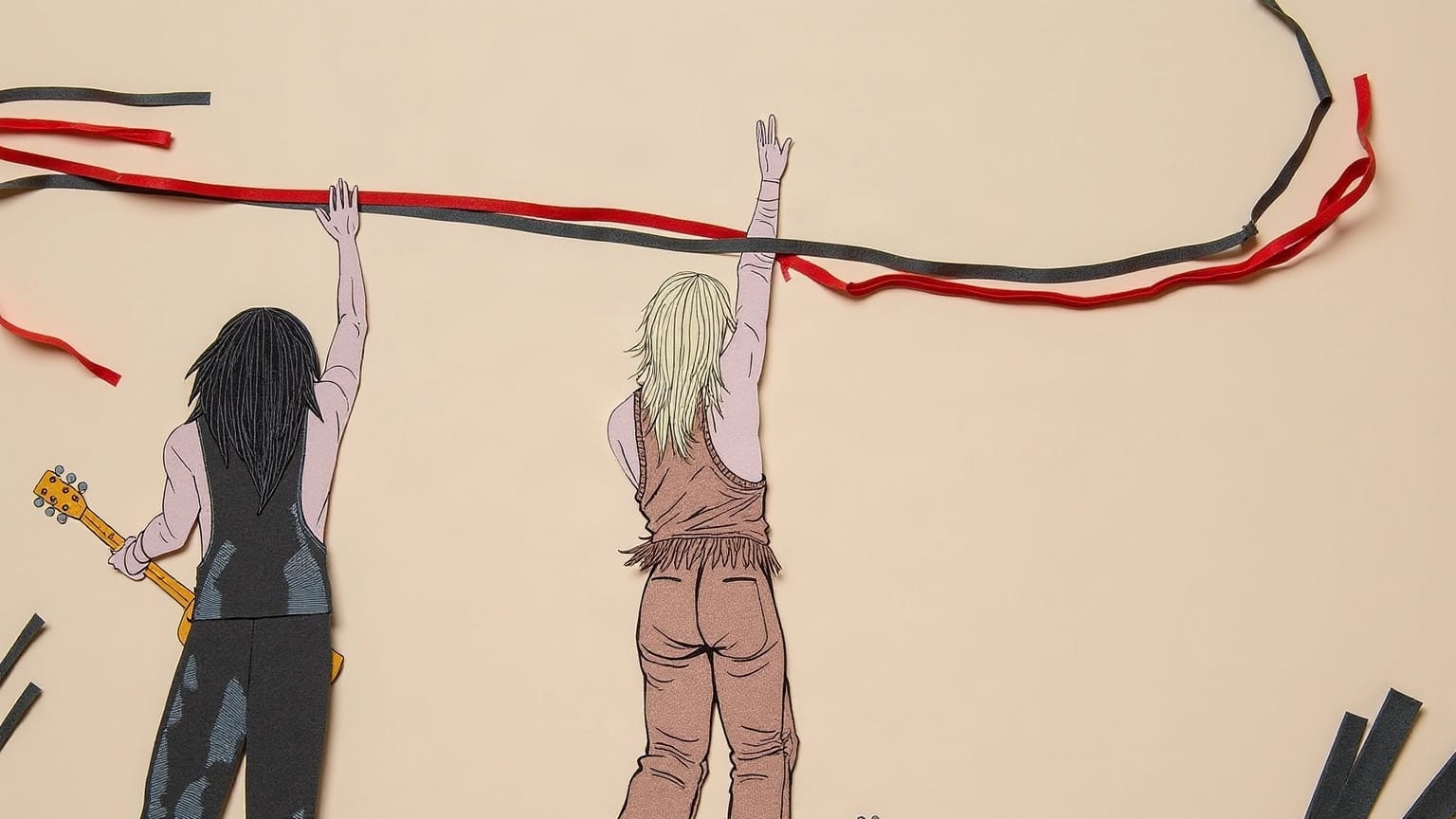 Two cut-paper figures seen from behind on a stage, arms raised, one with a guitar, red and charcoal streamers arcing overhead
