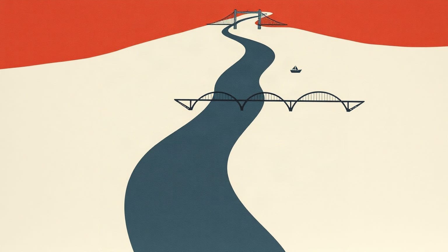 A paper river winding under a bridge span