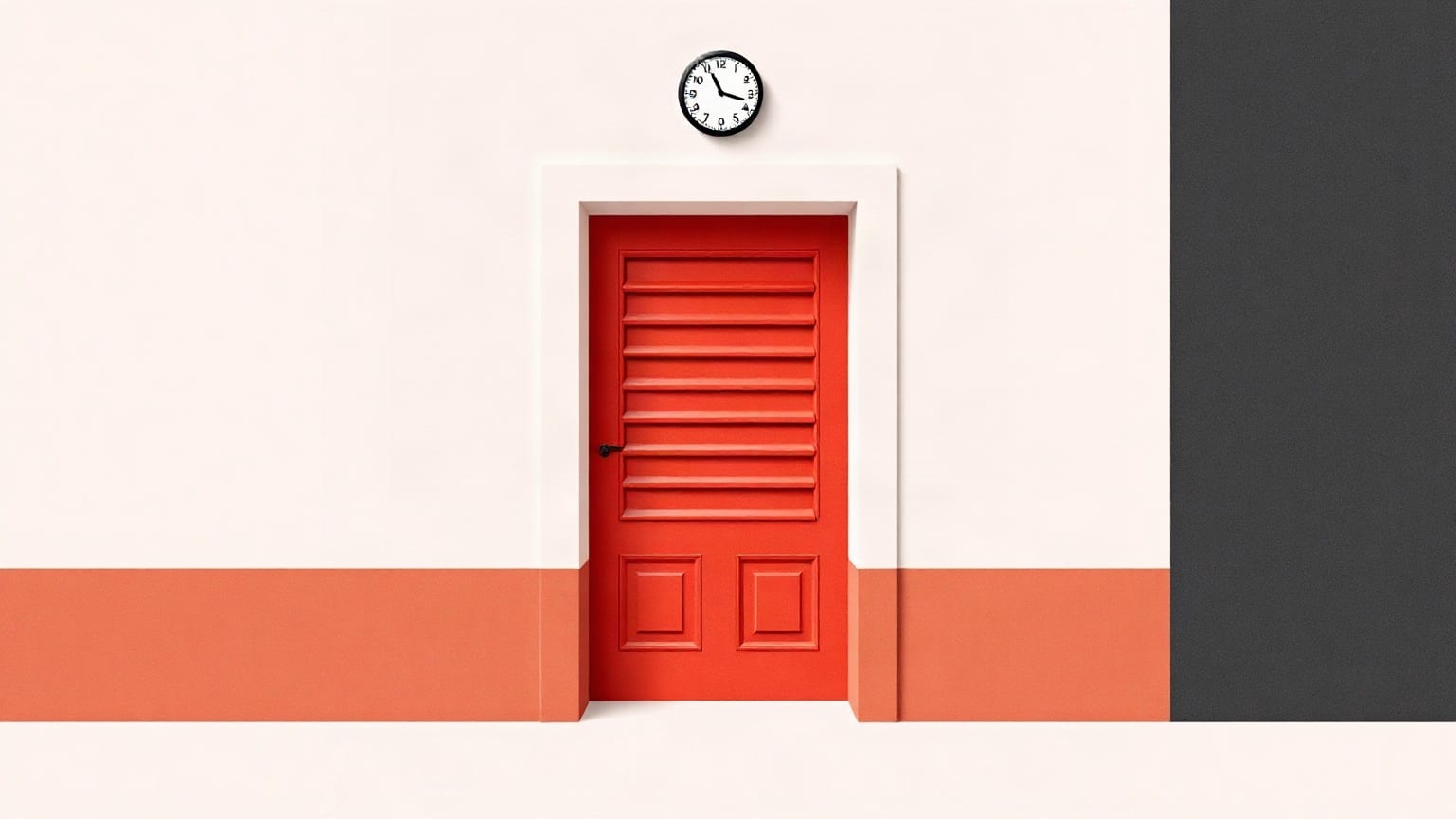 A row of gallery doorways receding, the nearest shutter half lowered under a clock