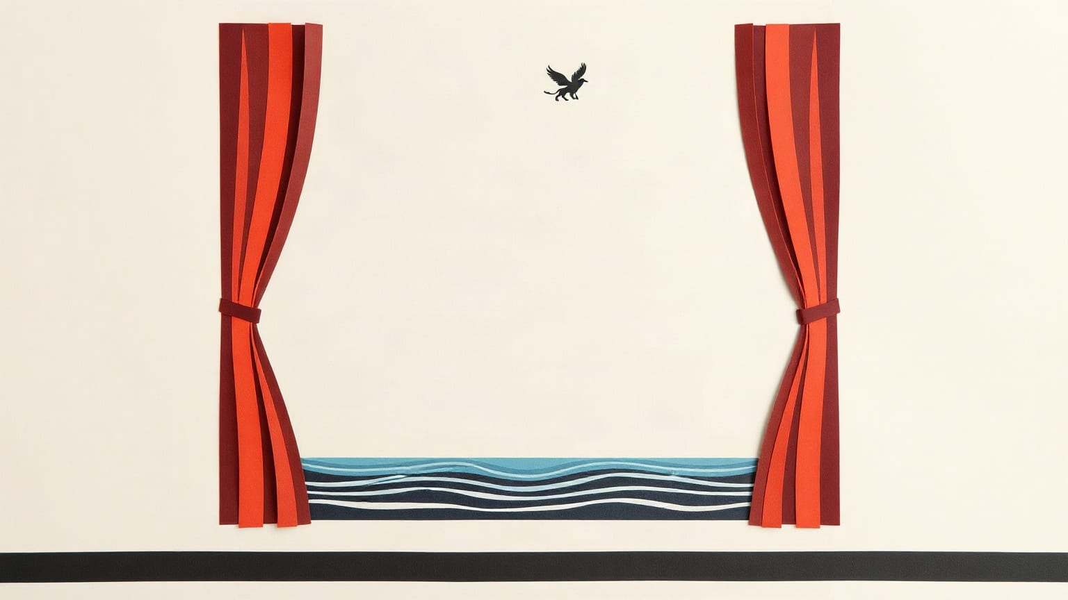 A paper stage curtain drawn back from a blank screen, a band of lagoon water below and a small winged lion above