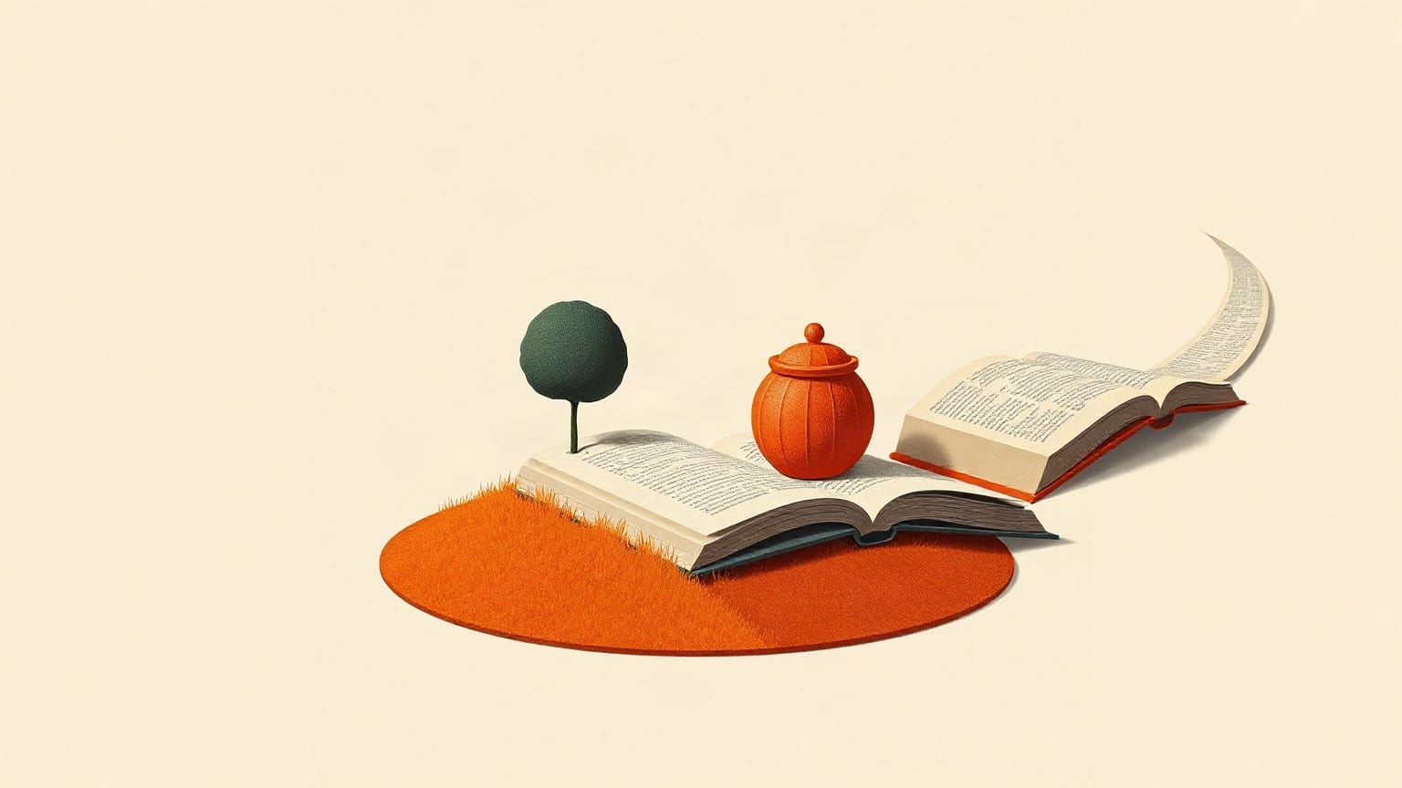 A lidded honey pot sitting on an open book on a small grassy mound, a round tree beside it and a second book trailing a long page away into the distance